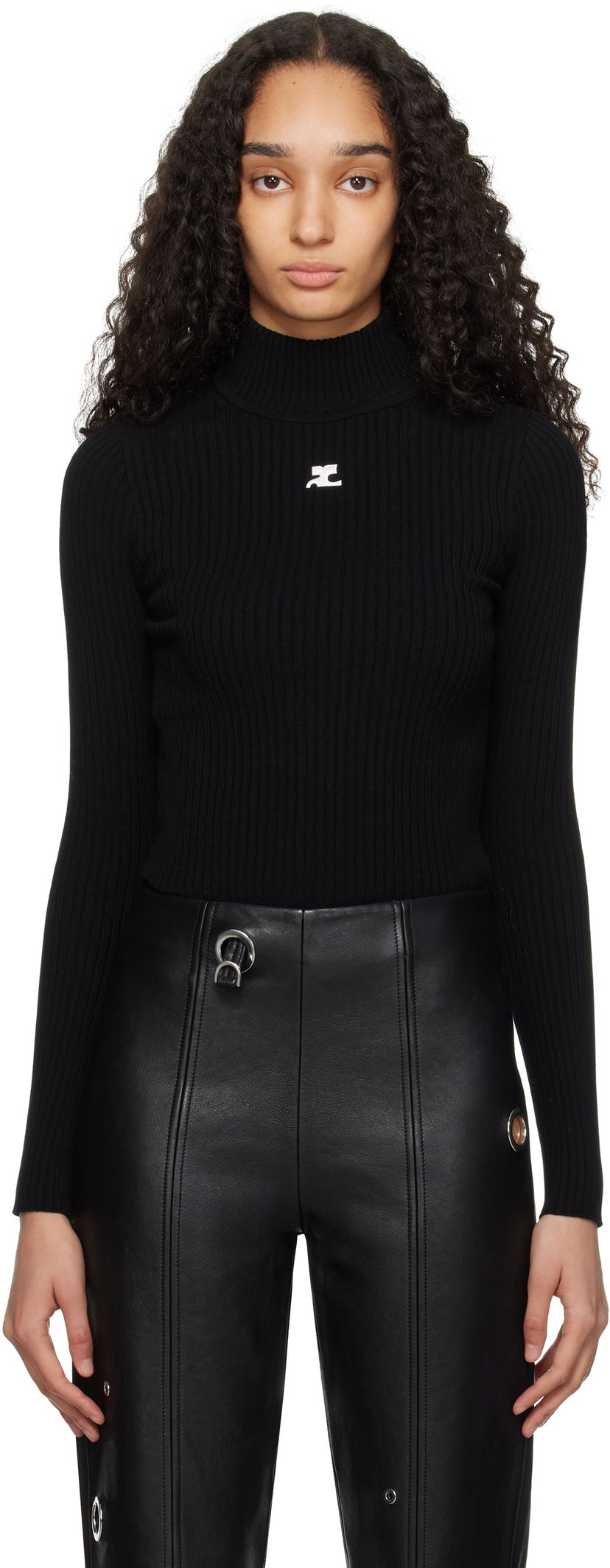 Pleteni pulover Courrèges Courrèges Reedition Rib Knit Mock Neck Sweater Črna | PERMPU022FI0001