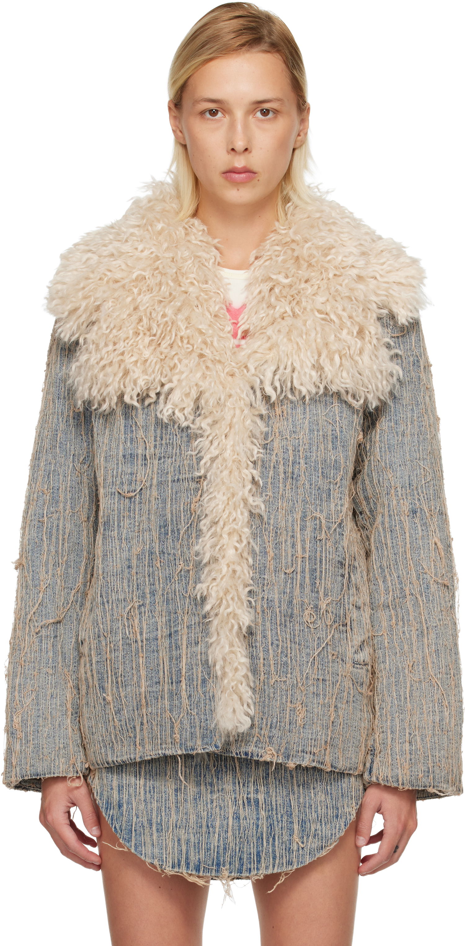 Jakna Diesel De-Aconic-S Frayed Denim Jacket with Faux Fur Trim Modra | A19045 0CMBZ, 0