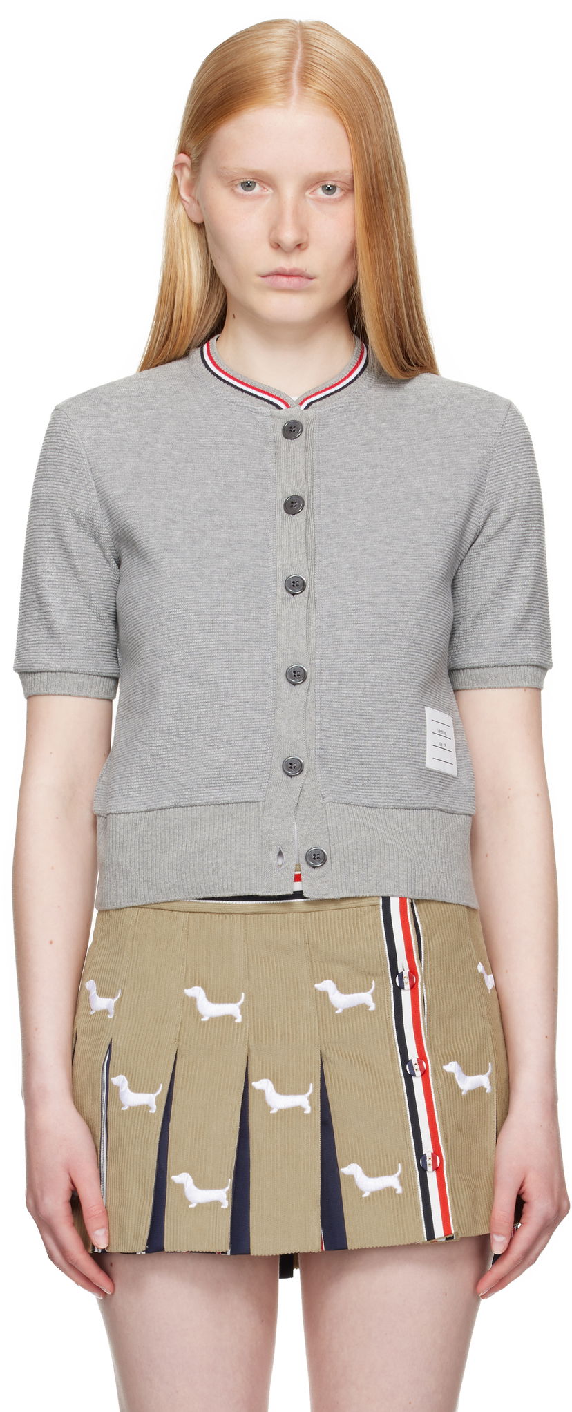 Pleteni pulover Thom Browne Thom Browne Cotton Waffle Short Sleeve Cardigan Siva | FJT390A-J0216