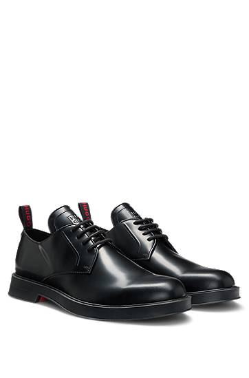 Nega čevljev BOSS Leather Derby Shoes with Stacked-Logo Tongue Črna | 50548550