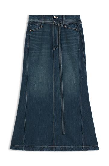 Krila BOSS Flared denim maxi skirt with self-tie belt Modra | 50548436