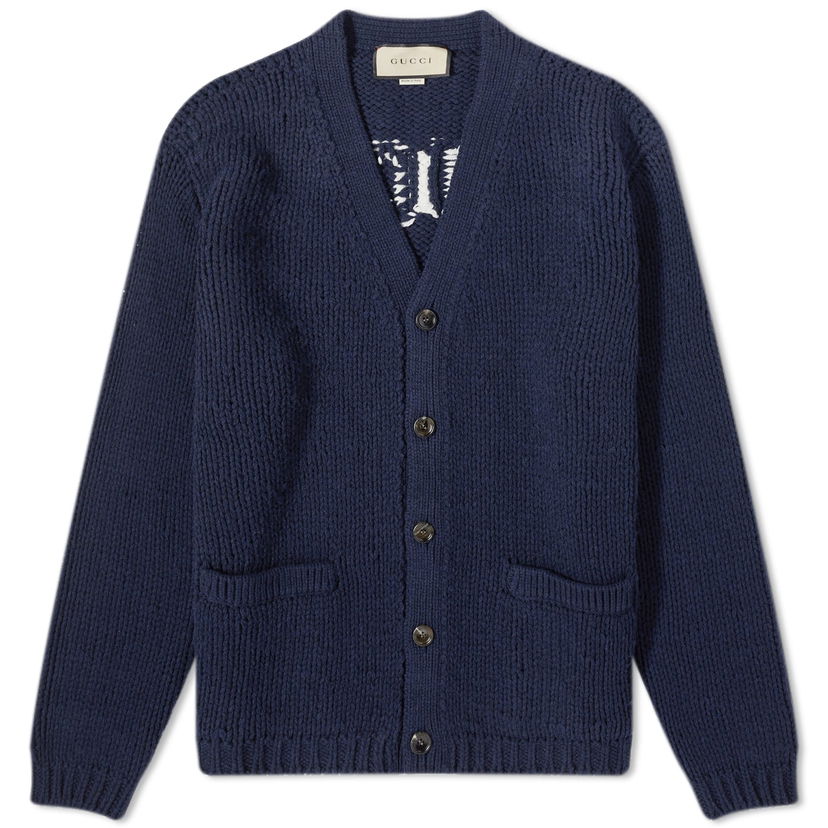 Pleteni pulover Gucci Intarsia Logo Cardigan Mornarica | 761541-XKDK4-4492