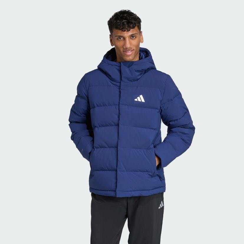 Puhovka adidas Performance Helionic CLIMAWARM Hooded Down Jacket Modra | JX0581