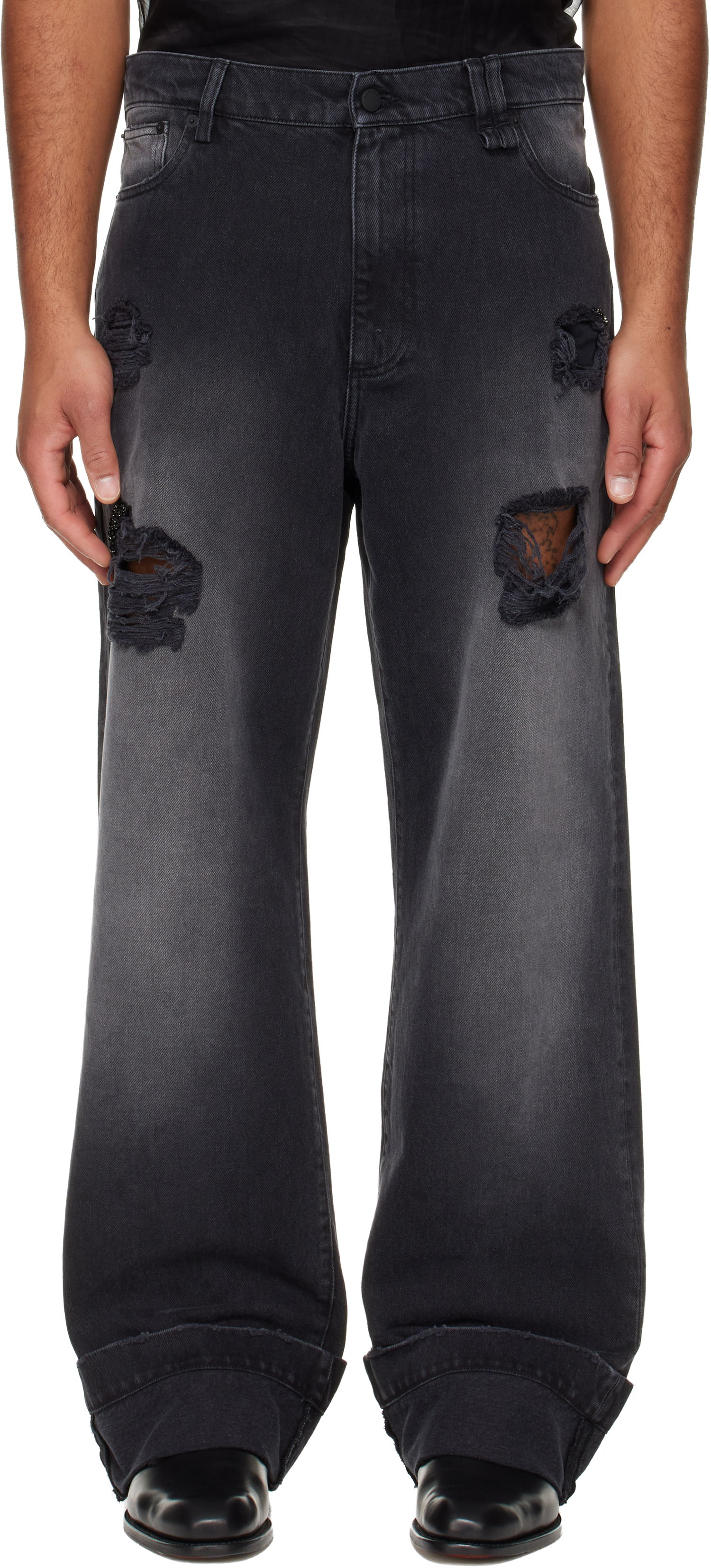 Kavbojke Simone Rocha Simone Rocha Embellished Distressed Wide-Leg Cuffed Jeans Črna | 4161B 1239D, 0
