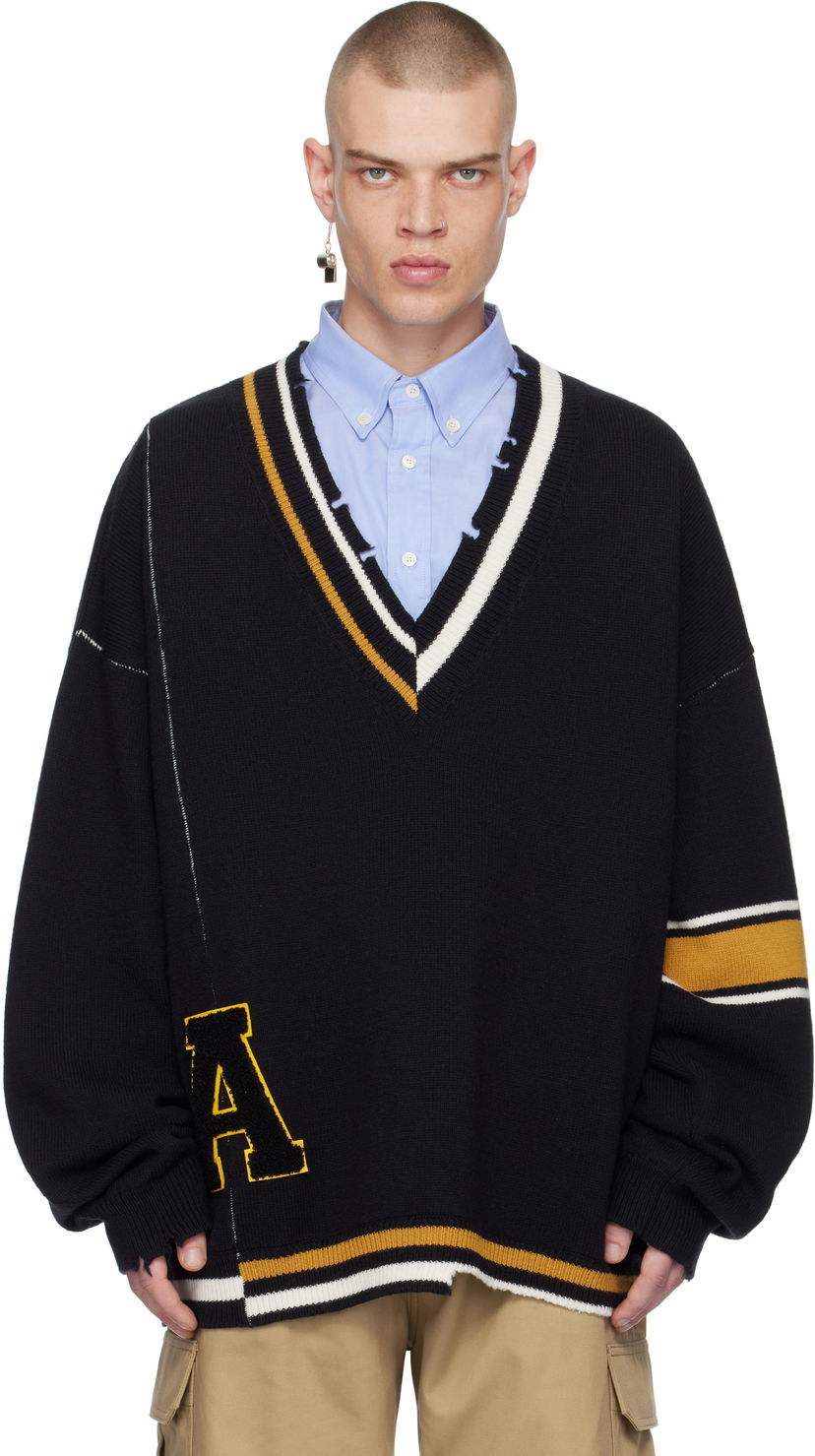 Pleteni pulover Ambush Destroyed Rib Knit V-Neck Sweater Črna | BMHD003F24KNI0011010
