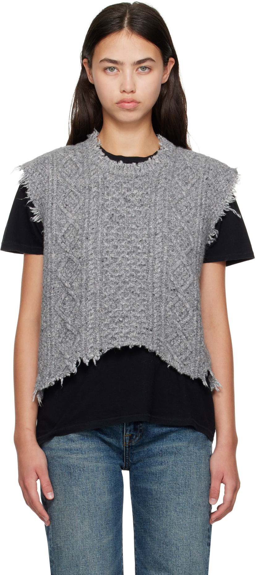 Pleteni pulover R13 R13 Boyfriend Cable Knit Vest Siva | R13WY228-Y208A