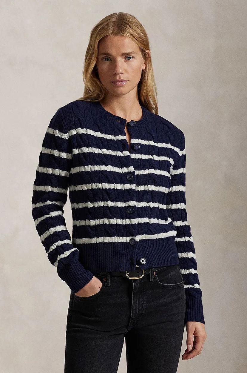 Pleteni pulover Polo by Ralph Lauren Navy Blue & White Striped Cardigan Modra | 211947909