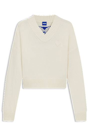 Pleteni pulover BOSS HUGO Women's Happy Cropped V-Neck Sweater with Heart Detail Bela | 50543059