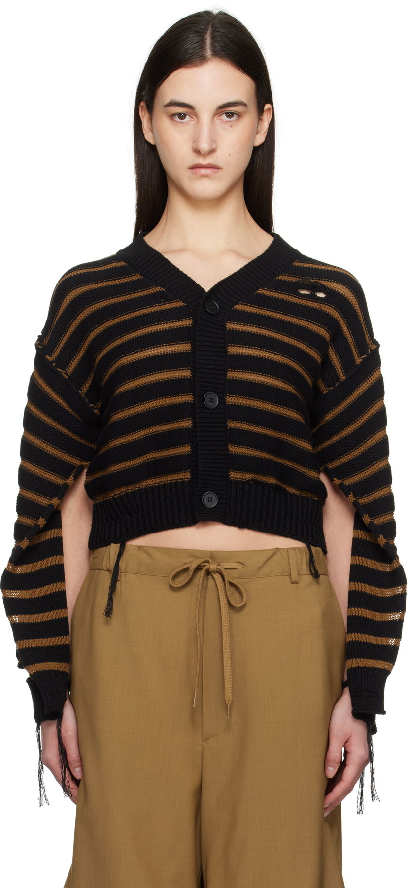 Pleteni pulover Maison Margiela MM6 Maison Margiela Striped Distressed V-Neck Cardigan Črna | S52HP0025 M13080
