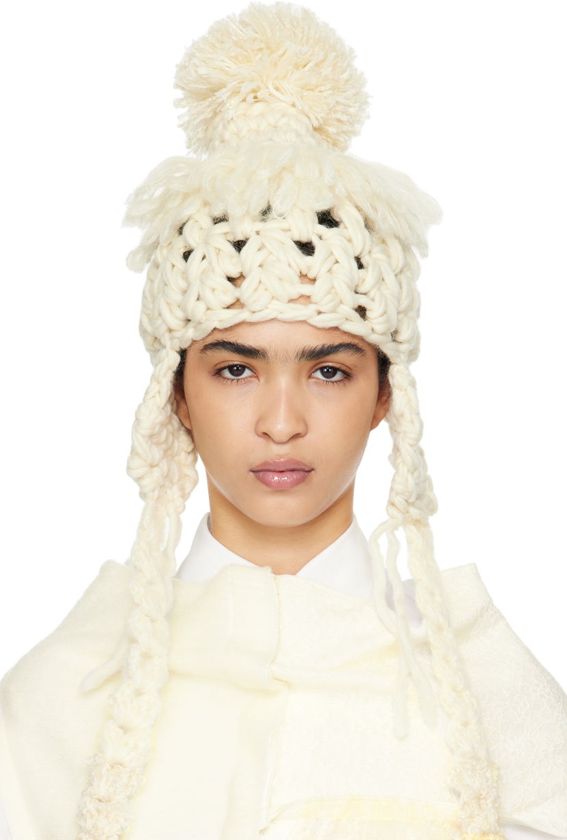Klobuk Comme des Garçons Comme Des Garçons Wool Mix Crochet Beanie with Pompom Bela | TN-N016-051