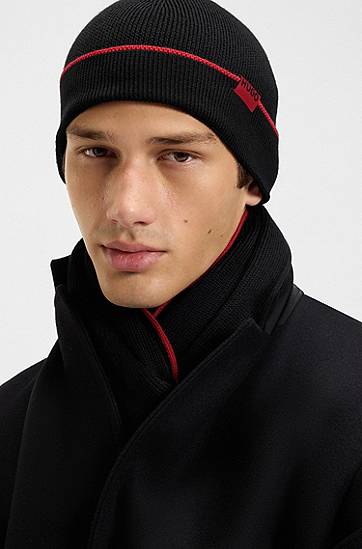 Beanie BOSS Knitted wool hat and scarf set with contrast trim Črna | 50517757, 1