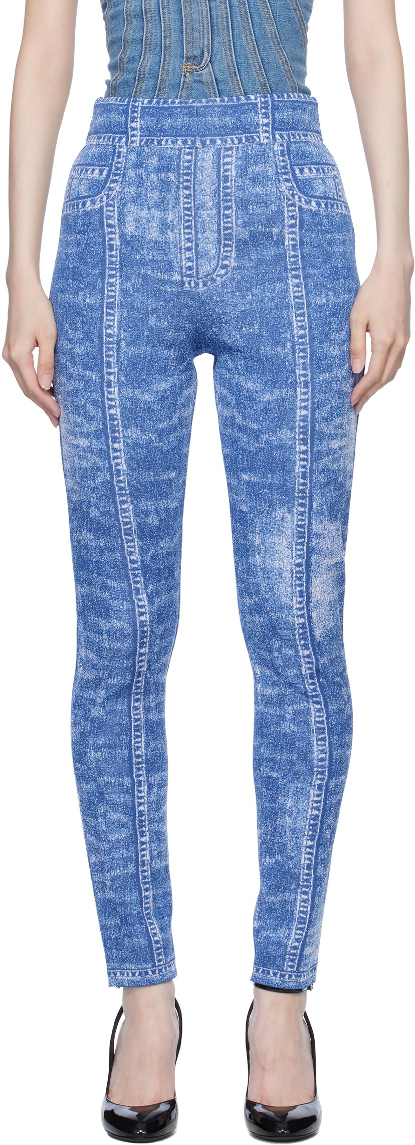 Pajkice Balmain Denim Effect Knit Leggings Modra | EF1PD185KH80