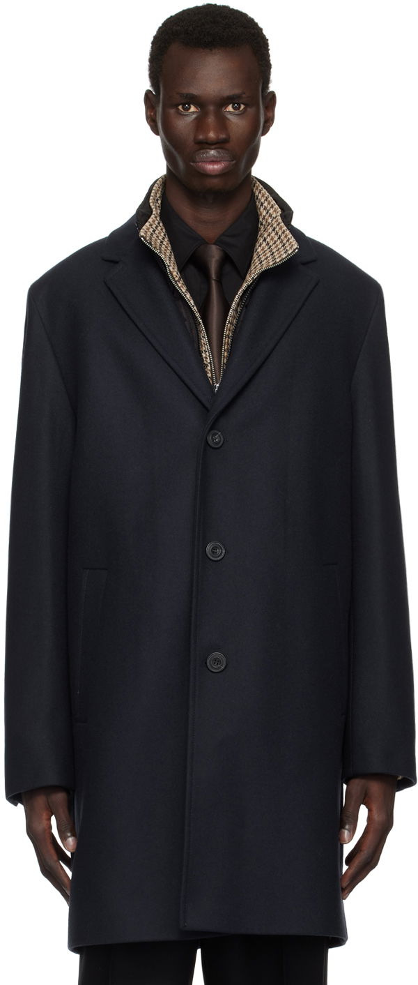 Plašči BOSS Layered Wool Blend Overcoat Mornarica | 50528836