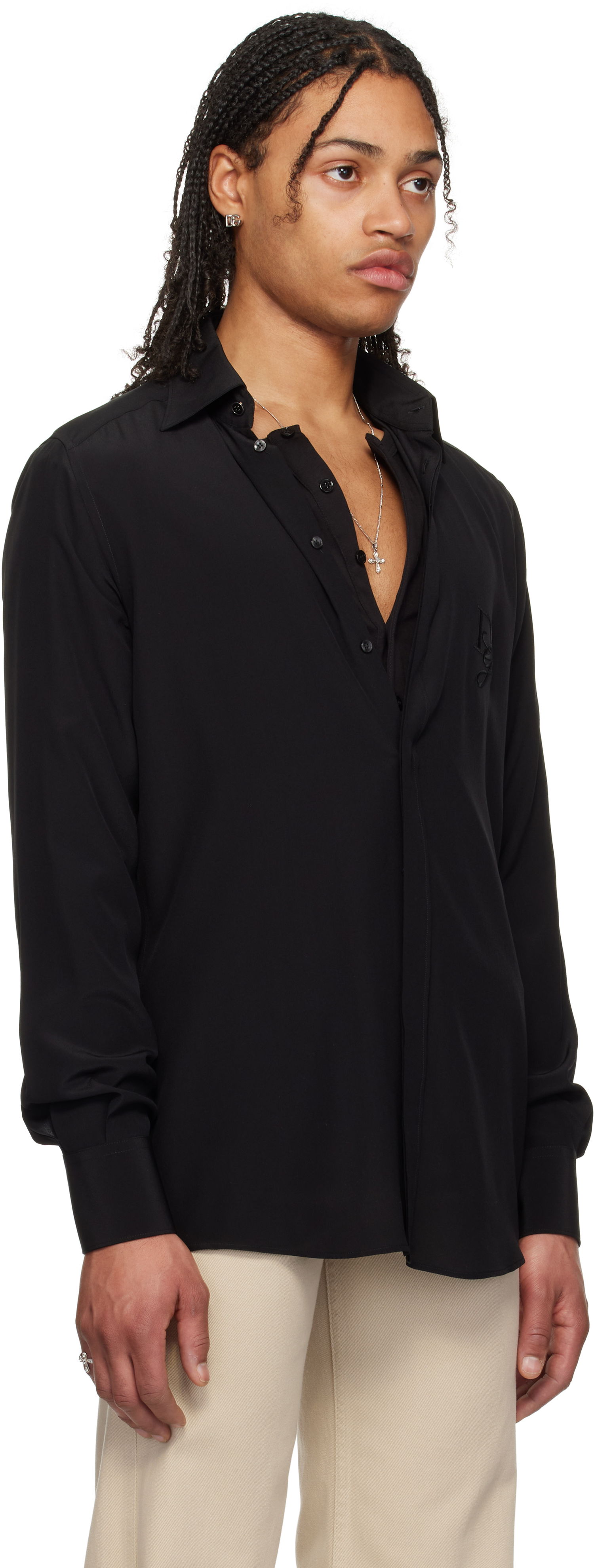 Srajce Dolce & Gabbana Dolce&Gabbana Silk Logo Embroidered Shirt Črna | G5MO1ZFU1UQ, 1