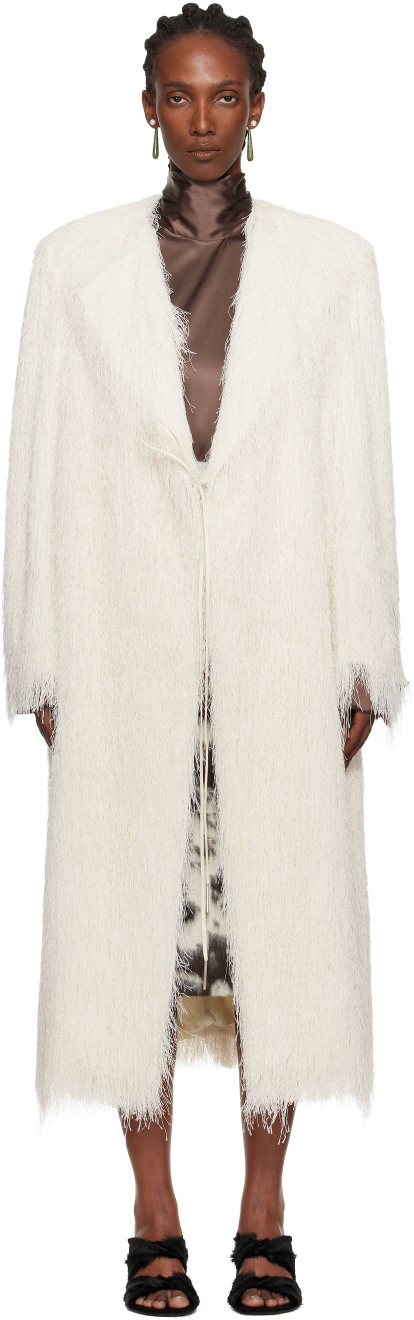 Plašči Dries Van Noten Fringed Coat Bela | 252-010262-2031