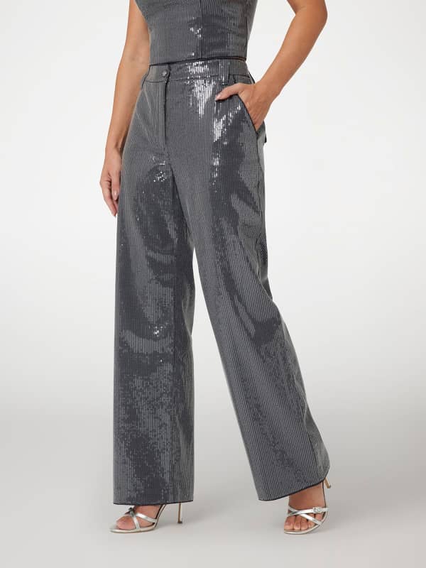 Hlače GUESS Sequined Wide Leg High-Waisted Pants Siva | W5RB32WGX40