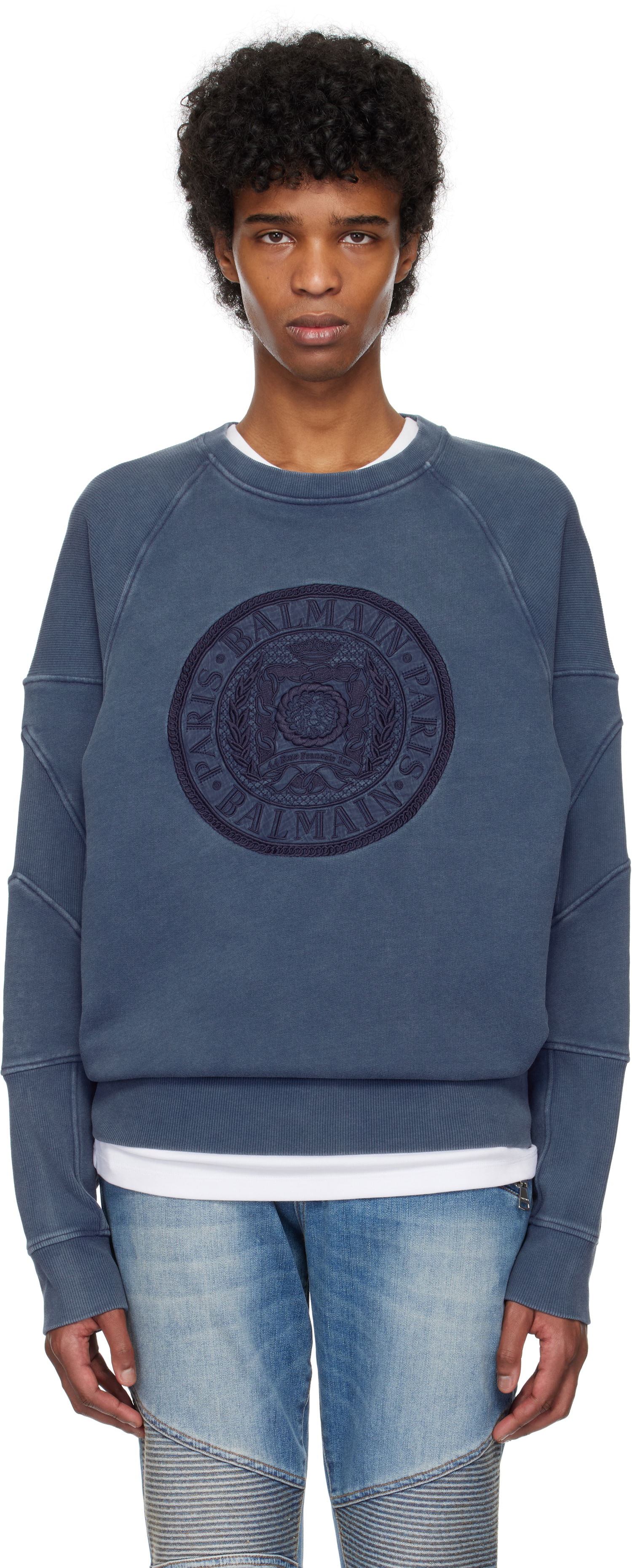 Pleteni pulover Balmain Balmain Ribbed Coin Embroidery Sweatshirt Modra | EH1JS007BC89, 0