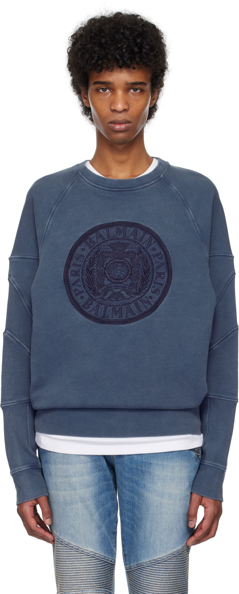 Pleteni pulover Balmain Balmain Ribbed Coin Embroidery Sweatshirt Modra | EH1JS007BC89