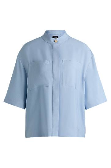 Srajce BOSS Relaxed-Fit Twill Stand Collar Blouse Modra | 50530571