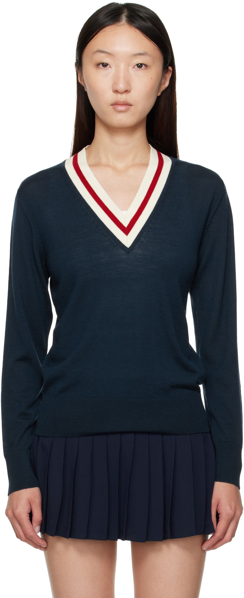 Pleteni pulover Sporty & Rich Sporty & Rich Minimalist V-Neck Sweater Mornarica | WS070602302BL117