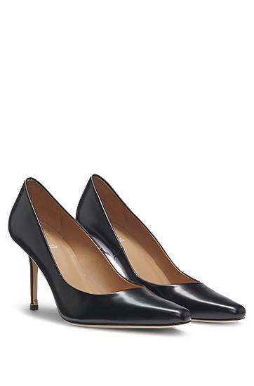 Superge in čevlji BOSS Polished Leather Pointed-Toe Pumps Črna | 50548509