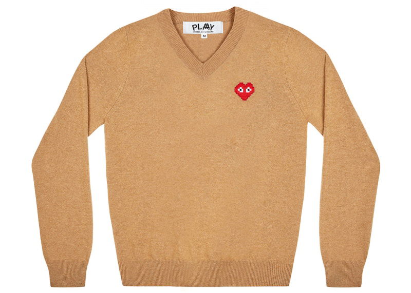 Pleteni pulover Comme des Garçons Play x Invader V-Neck Sweater Bež | AZ-N082-051