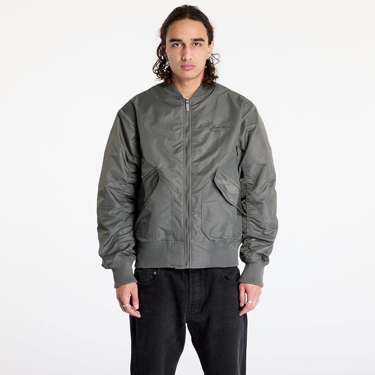 Bomber jakna Karl Kani Jacket Small Signature Distressed Bomber Jacket Anthracite S Siva | 60710004, 0