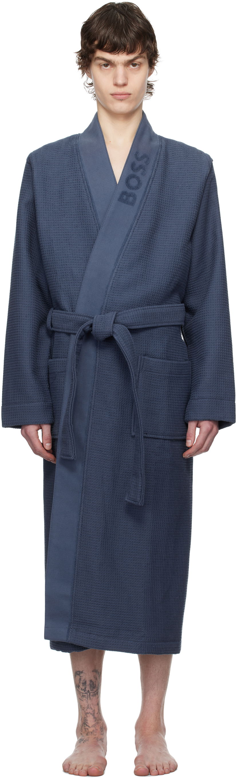 Pižame BOSS BOSS Waffle-Structure Dressing Robe Modra | 50469787