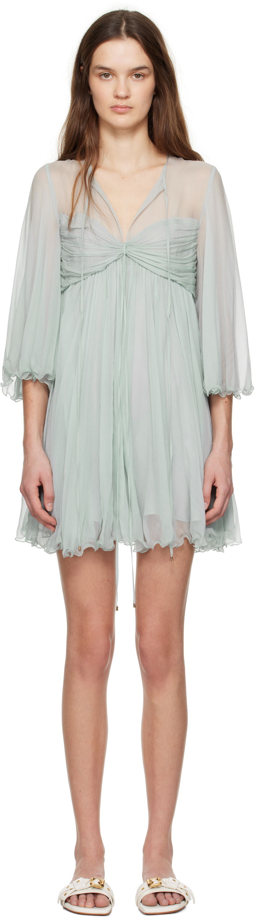 Obleke CHLOÉ Chloé Pleated Mini Dress Zelena | CH25SRO27116