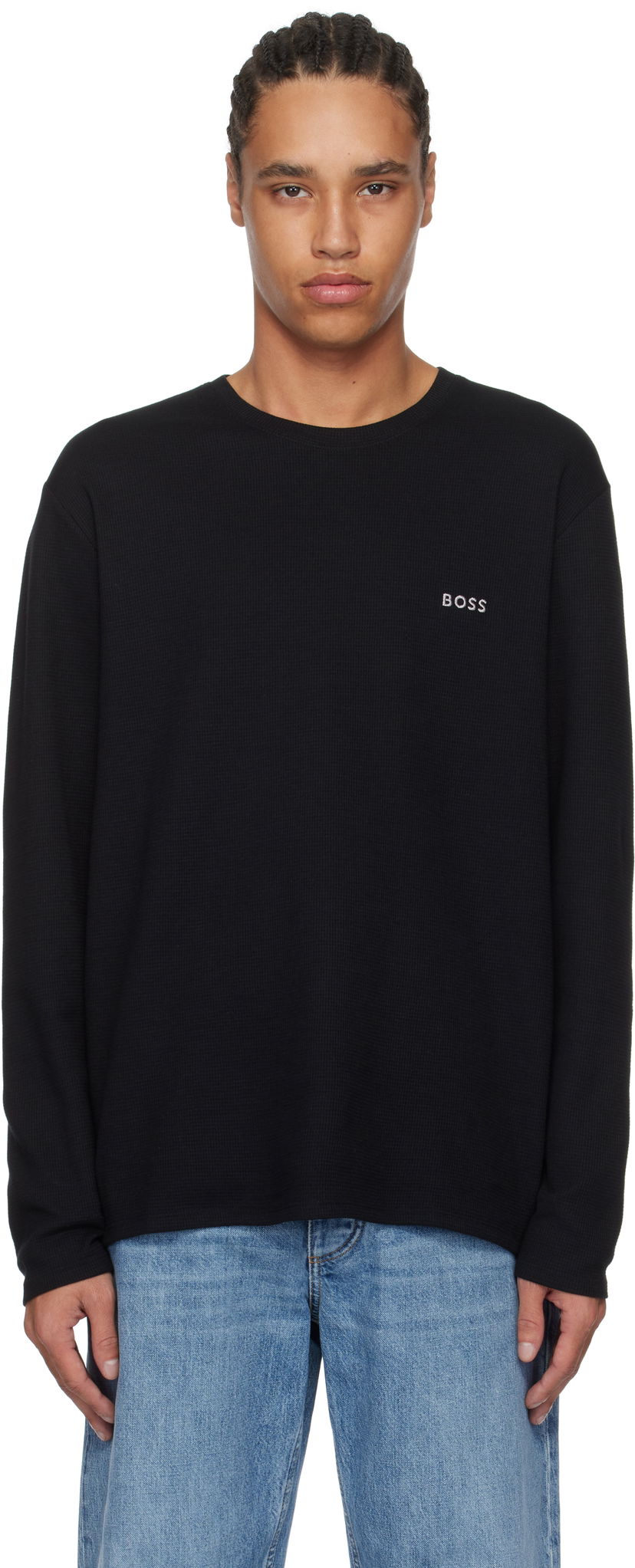 Pleteni pulover BOSS BOSS Waffle-Structured T-Shirt Črna | 50535870