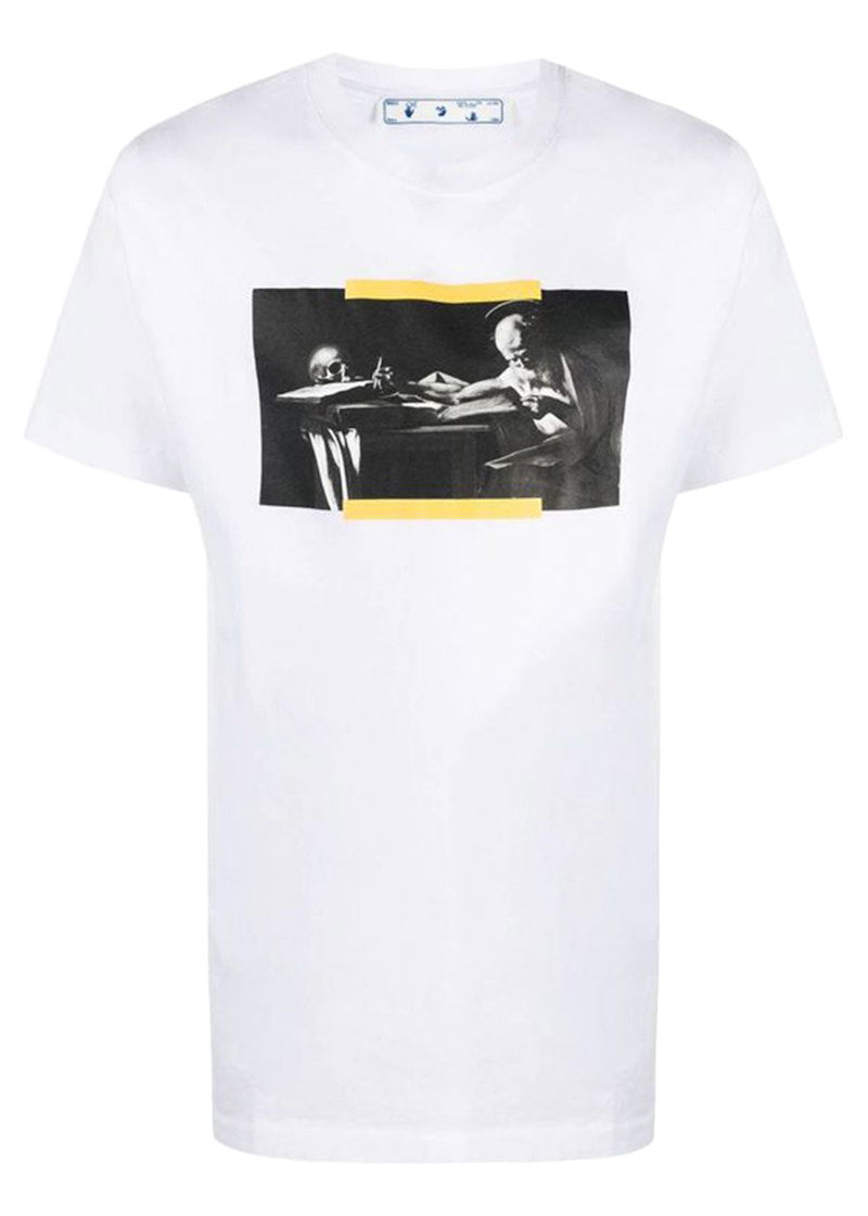 Majica Off-White Caravaggio Saint Jerome Writing Hands Off Logo Slim Fit T-shirt While/Black/Yellow Bela | OMAA027F21JER0140184