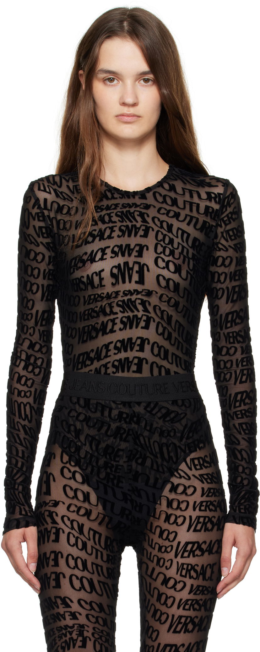 Bodi Versace Versace Jeans Couture Tulle Flock Liquify Bodysuit Črna | E79HAM221_EJS490