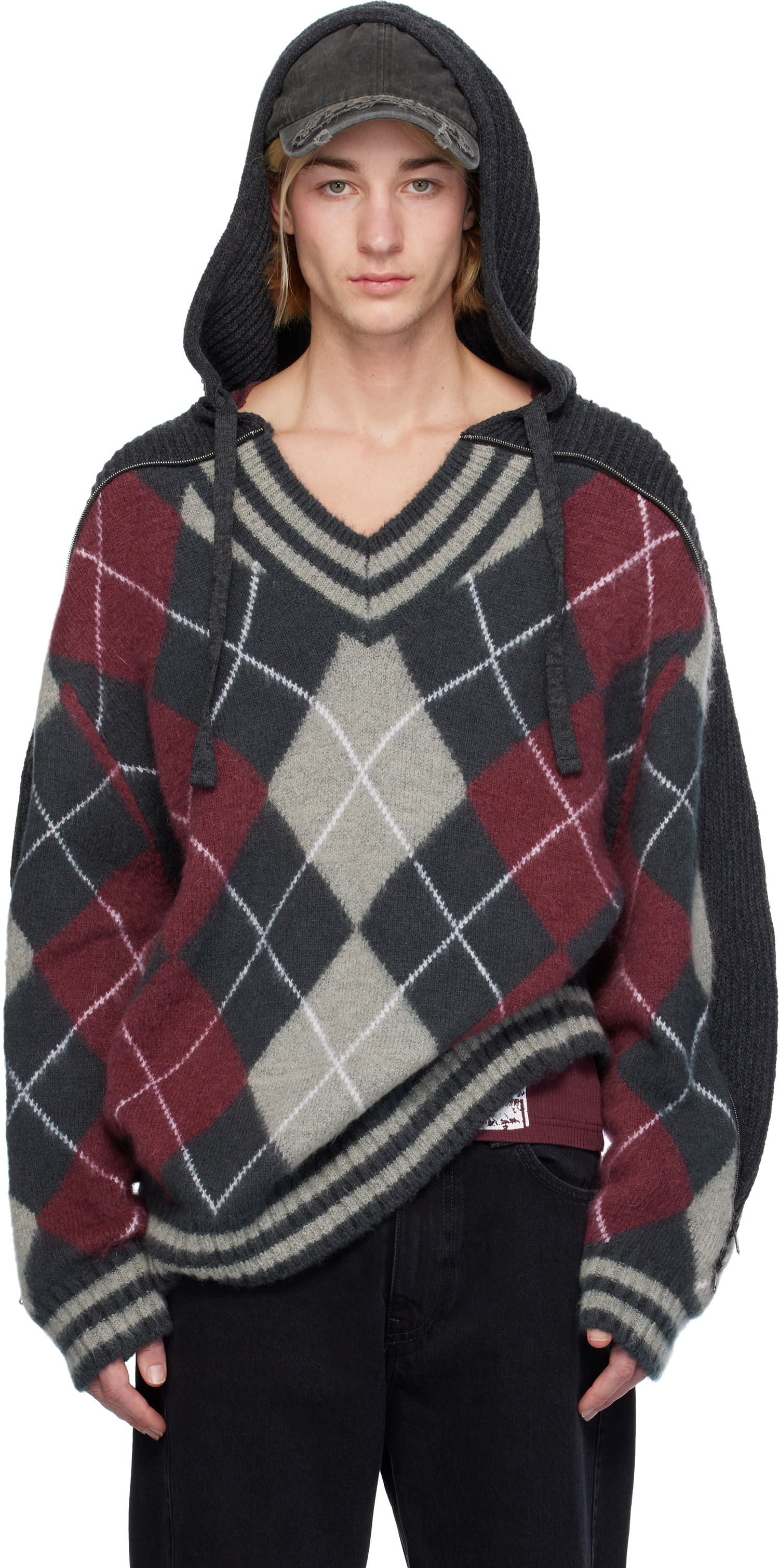 Pleteni pulover Y/PROJECT Zip Insert Argyle Hoodie Rdeča | 206SW005, 0