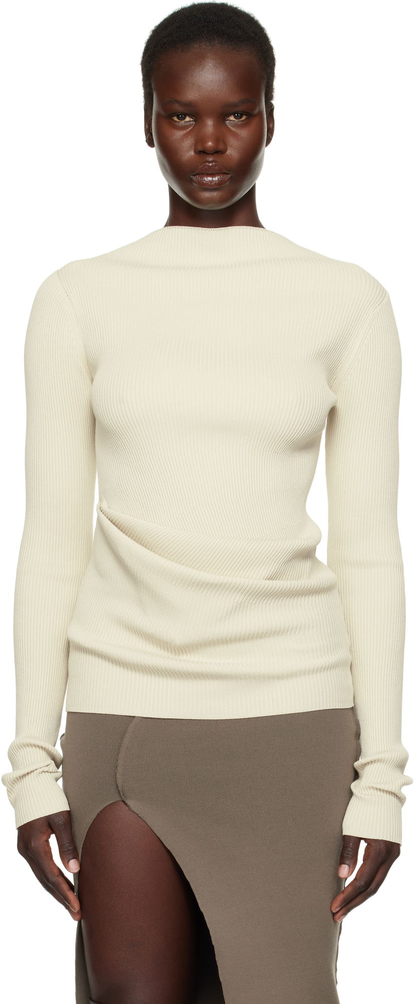 Pleteni pulover Rick Owens Rick Owens Hollywood Babel Draped Ribbed Knit Sweater Bež | RP01E7639 RIBVI