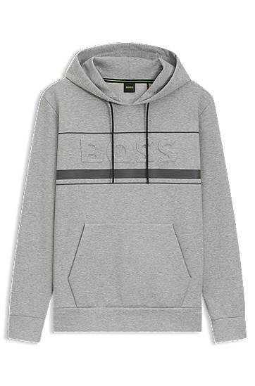 Pulover BOSS BOSS Cotton-Blend Hoodie with Stripe Details Siva | 50545244
