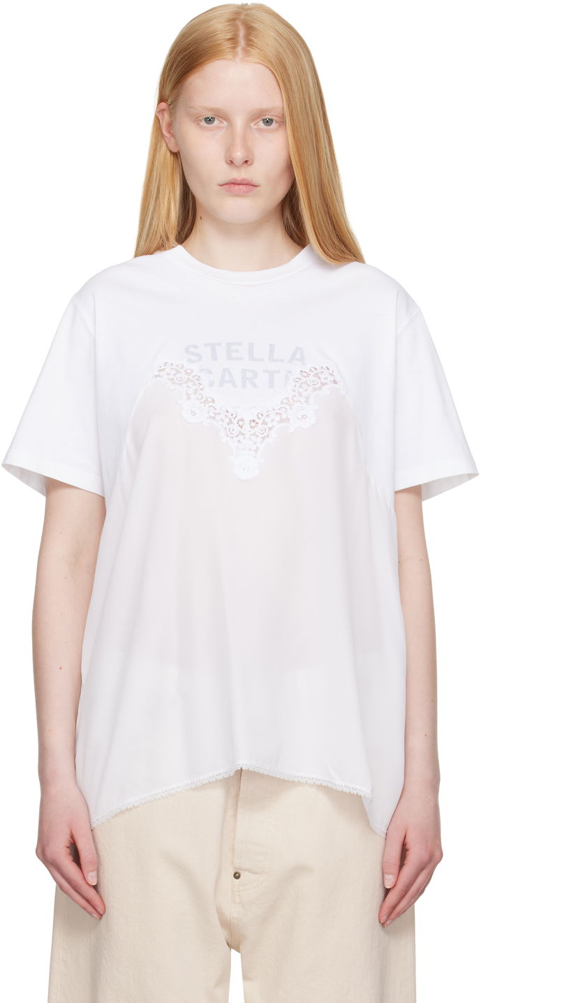 Majica Stella McCartney Stella McCartney Lace Jersey T-Shirt Bela | 6J04073SPZ99