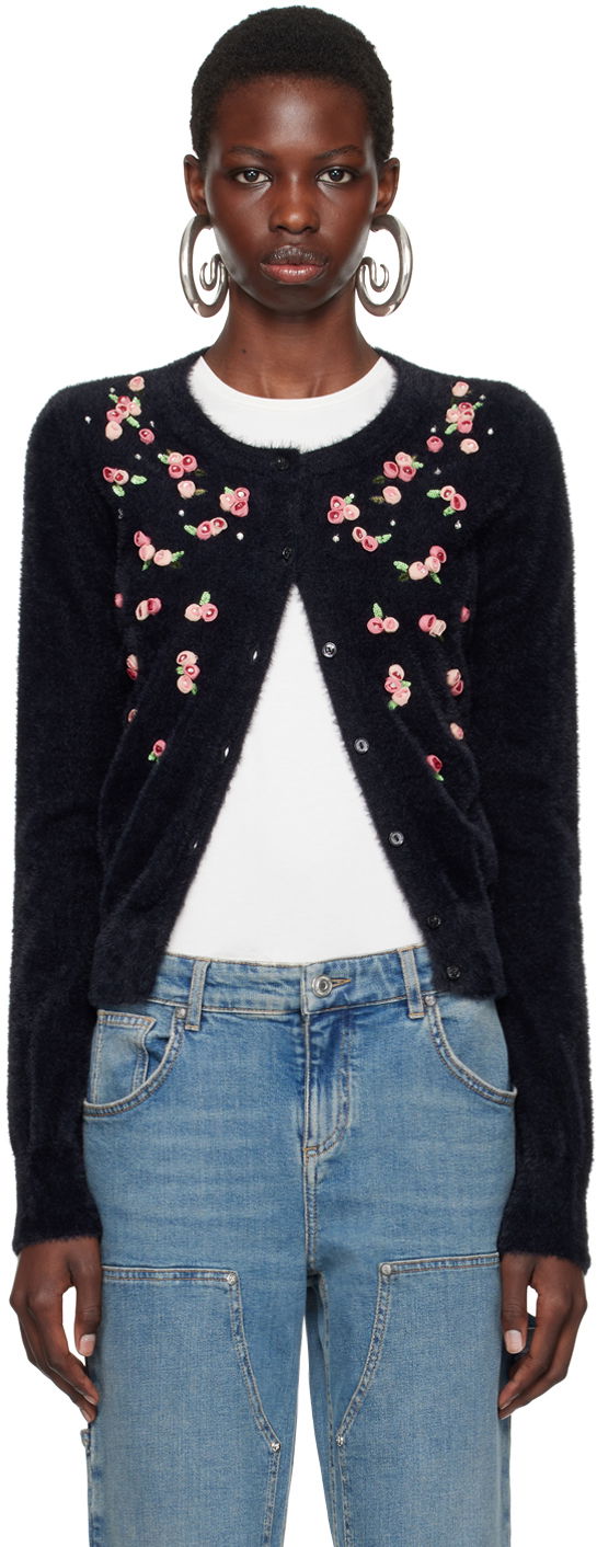 Pleteni pulover Blumarine Embroidered Rose Cardigan Modra | A422M485A
