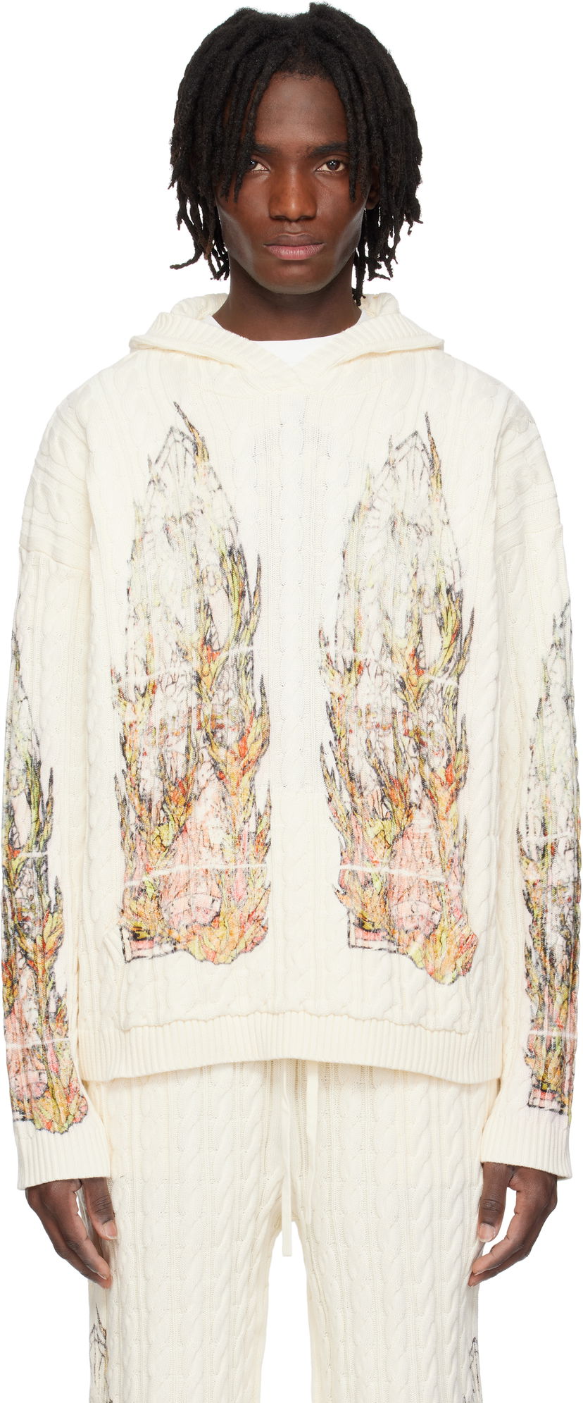 Pleteni pulover Who Decides War Who Decides War Flame Glass Cable Knit Hoodie Bela | 1110200019SS25