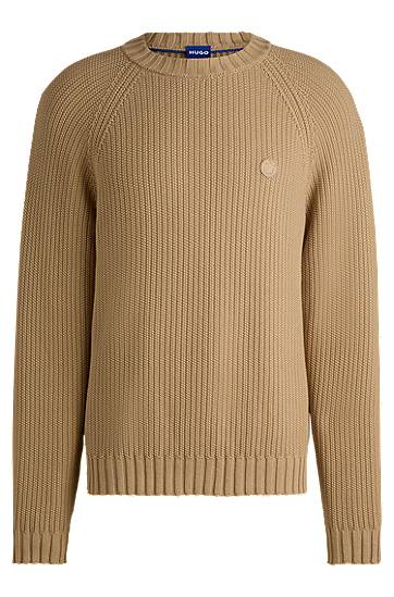 Pleteni pulover BOSS HUGO Ribbed Cotton Sweater with Logo Badge Bež | 50518744
