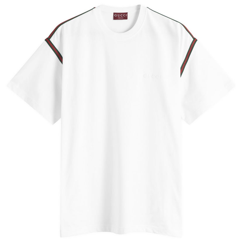 Majica Gucci Men's Cotton T-Shirt with Tape Detail, Size Large Bela | 814958-XJG3D-9692