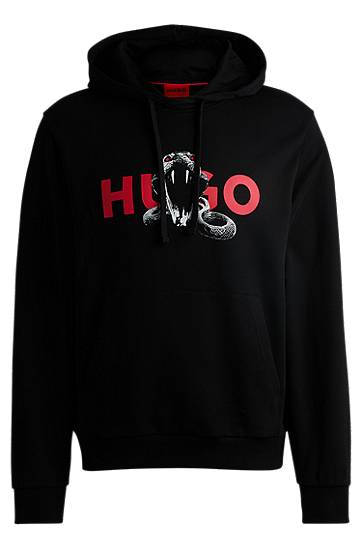 Pulover BOSS HUGO Cotton-Terry Hoodie with Snake Graphic Črna | 50530580