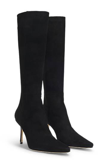 Superge in čevlji BOSS Suede and Leather Knee-High Pointed Toe Stiletto Boots Črna | 50553013