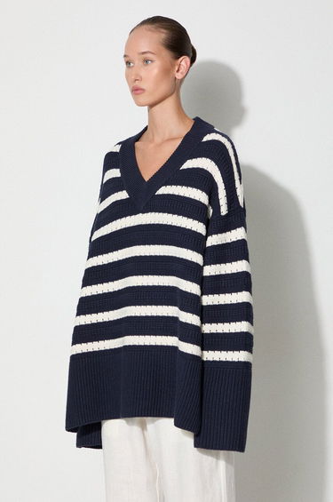 Pleteni pulover Samsoe Samsoe Samsoe Samsoe Striped V-Neck Sweater Mornarica | F23300195, 2