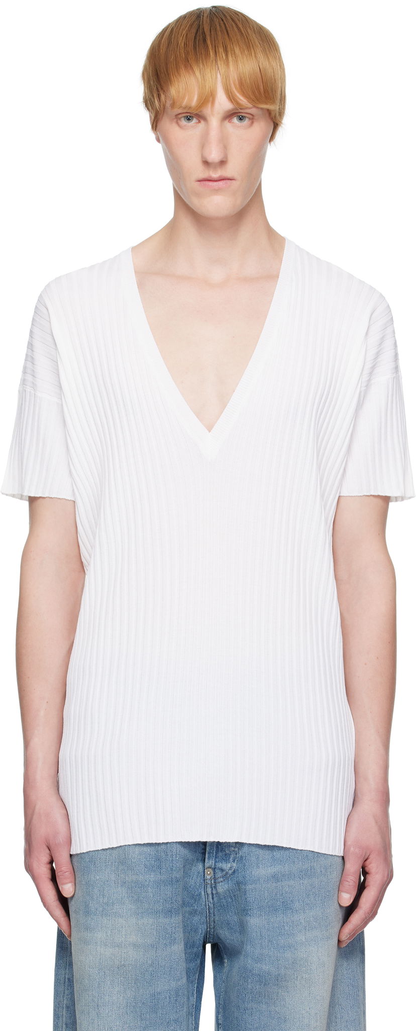 Majica Maison Margiela MM6 Maison Margiela Rib-Knit V-Neck T-Shirt Bela | SH2HN0003 M13125