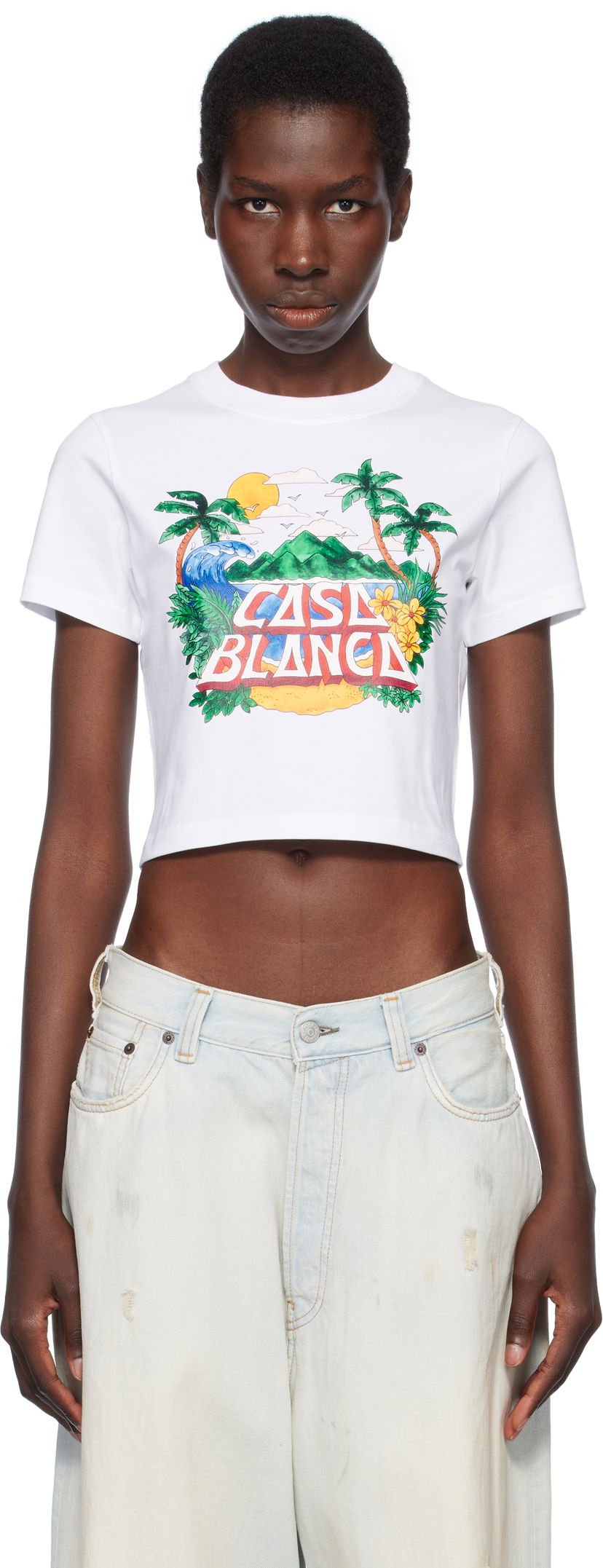 Krop-top Casablanca Casablanca Casa Beach Wave Cropped T-Shirt Bela | WS25-JTS-009-03
