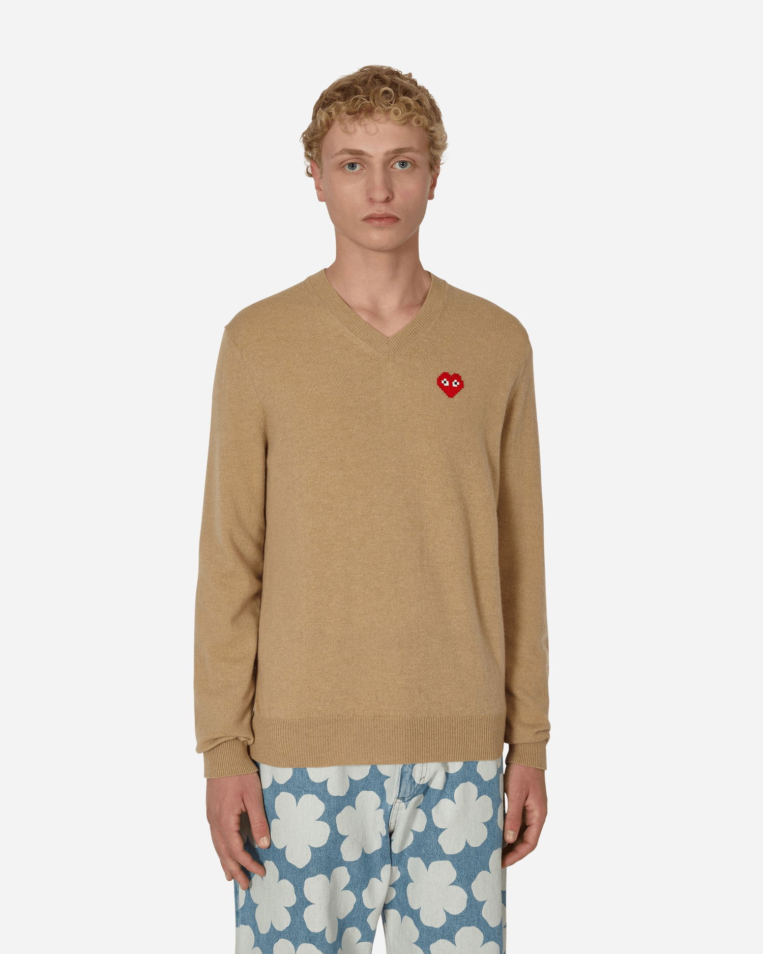 Pleteni pulover Comme des Garçons Invader Heart V-Neck Sweater Bež | P1N082 1, 0