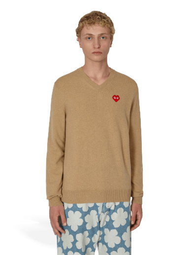 Pleteni pulover Comme des Garçons Invader Heart V-Neck Sweater Bež | P1N082 1
