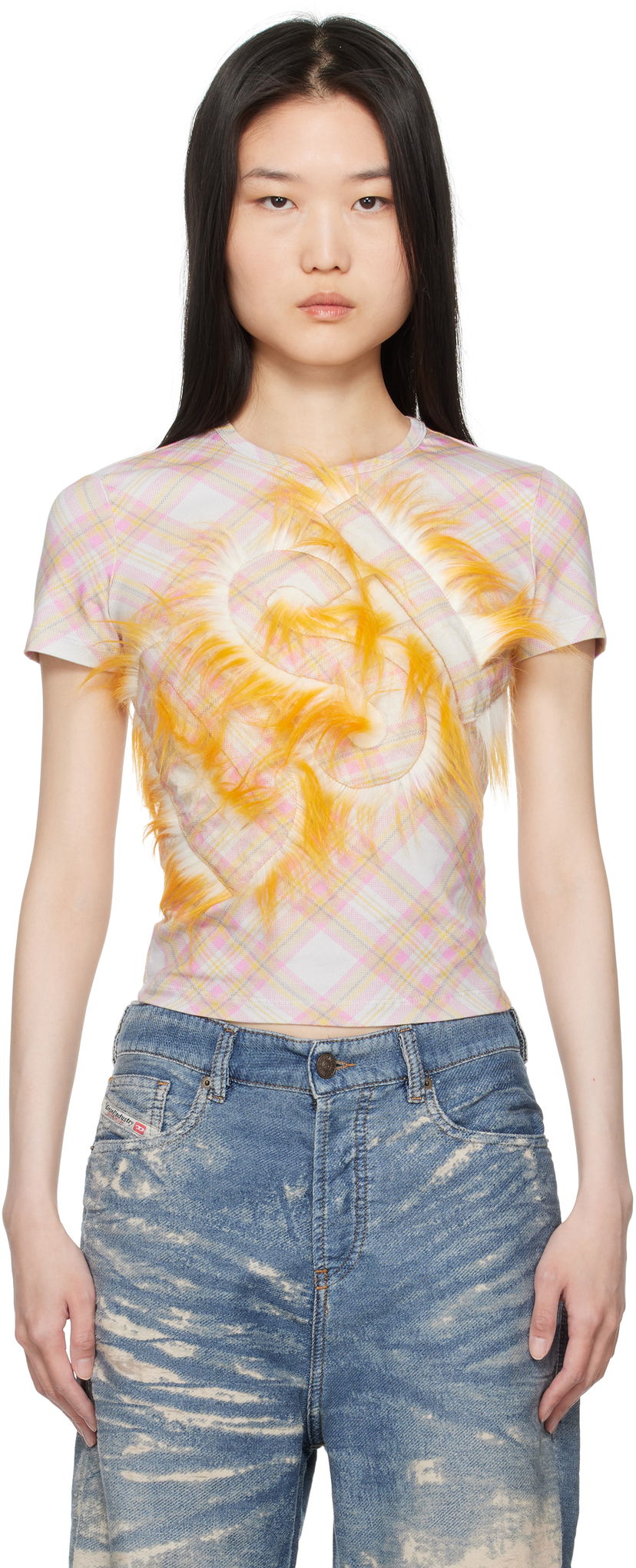 Krop-top Diesel Plaid Cropped T-Shirt with Yellow Faux Fur Detail Bela | A16538 0AMDX