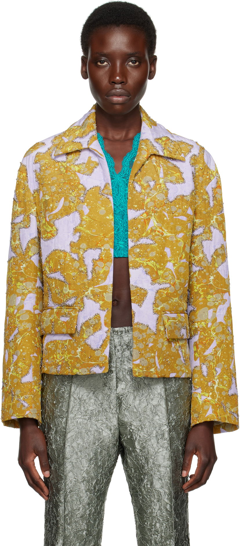 Jakna Dries Van Noten Dries Van Noten Beaded Floral Print Jacket Rumena | 251-010520-1082