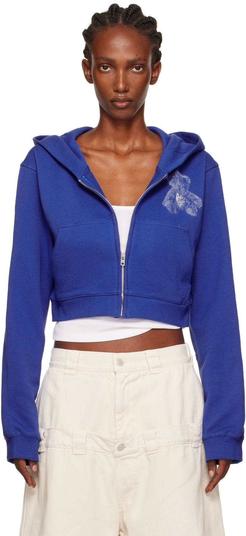 Pulover We11done Teddy Bear Graphic Slim-Fit Cropped Zip-Up Hoodie Modra | WD-TJ2-25-870-W-BL